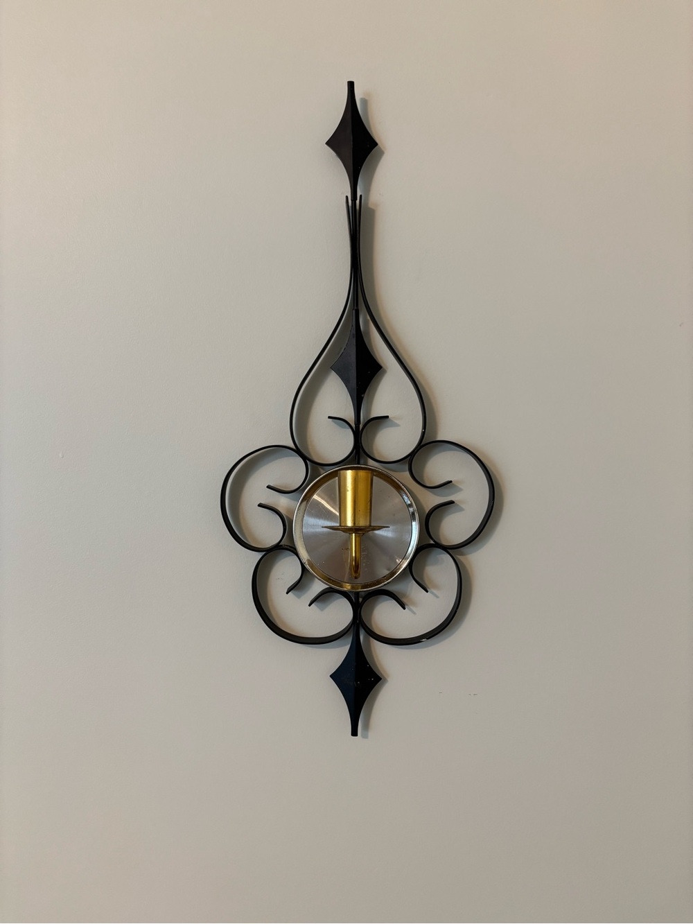 MCM Black and Gold and Silver Mid-Century Scroll Taper Candle Wall Sconce